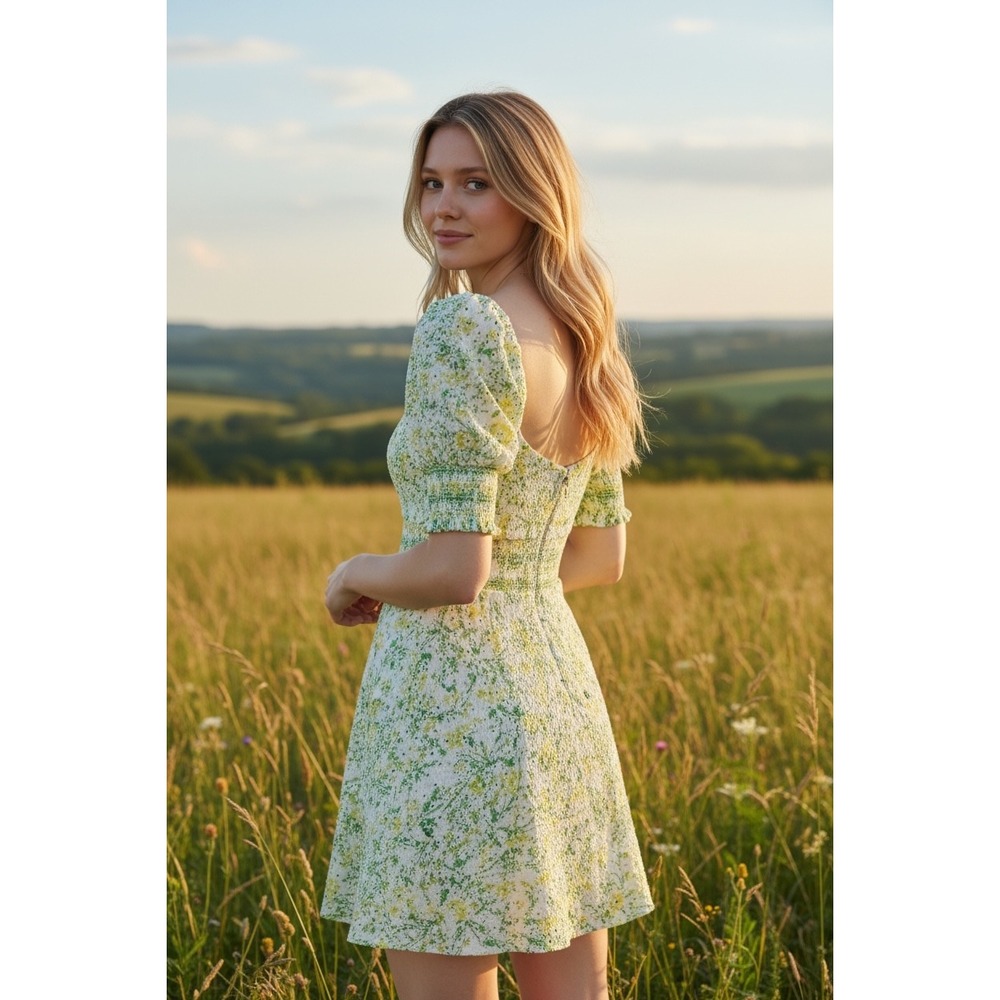 Alice Olivia Floral Puff Sleeve‎ Tie Front Mini Dress